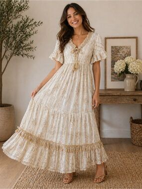 Y456. New Embroidered Light blue %100 cotton ,Lined Floral Maxi Dress with Lace